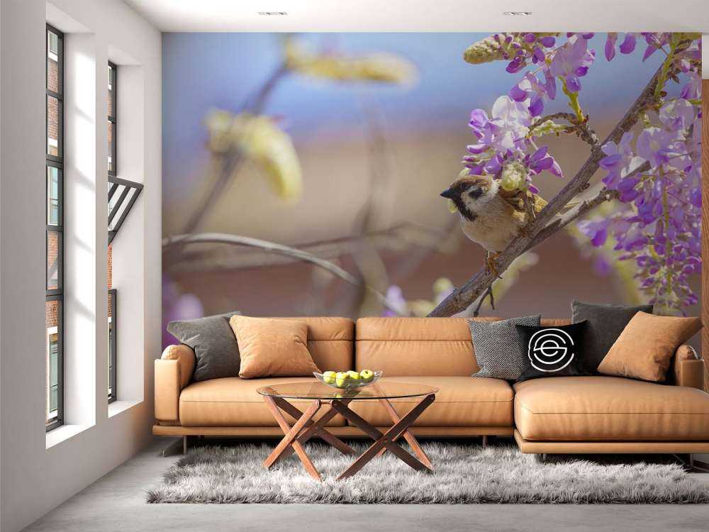 Sparrow and purple flowers