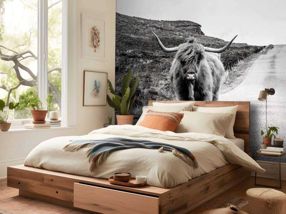 Scottish Highlander on a road