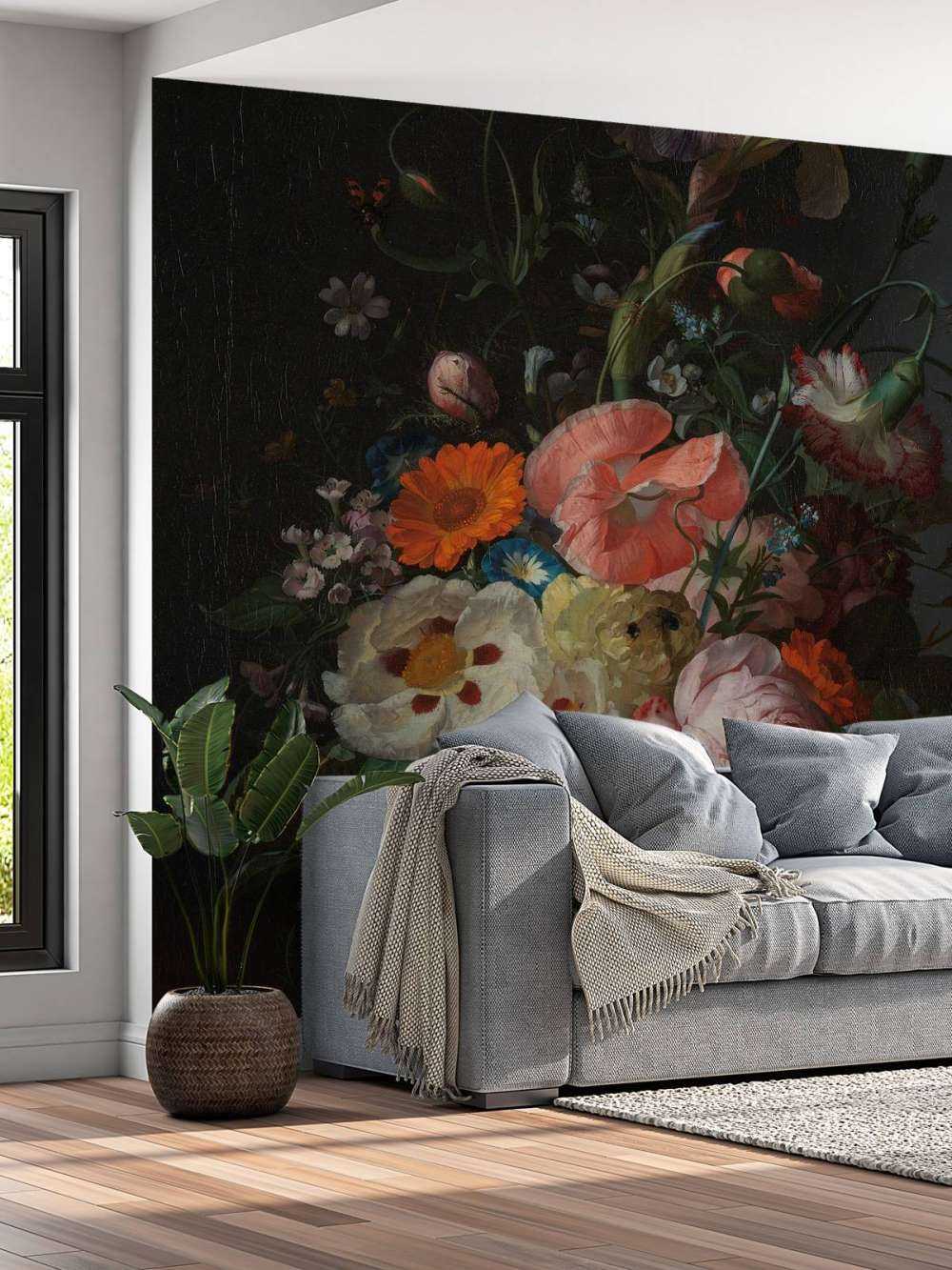 Still life with flowers on a marble tabletop