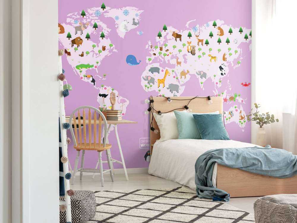 World map for children with pink background