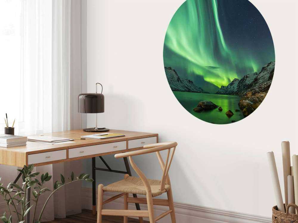 Northern lights between two fjords