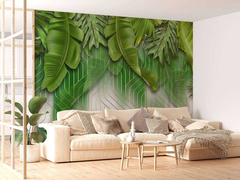 Golden lines effect with green leaves