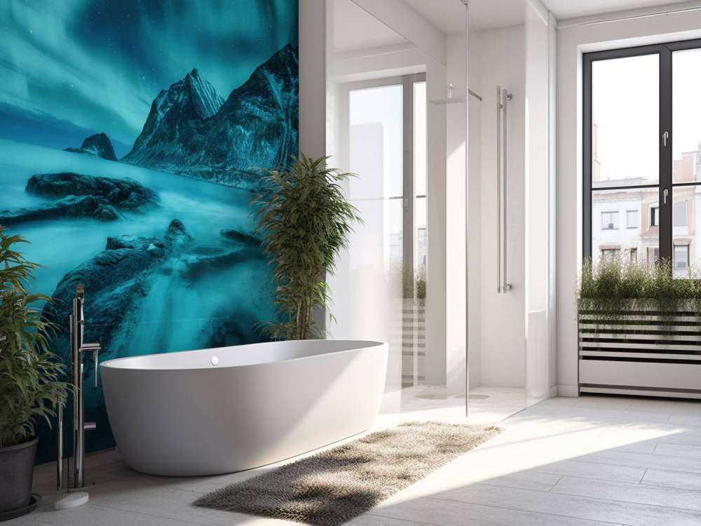 Blue northern lights with mountains