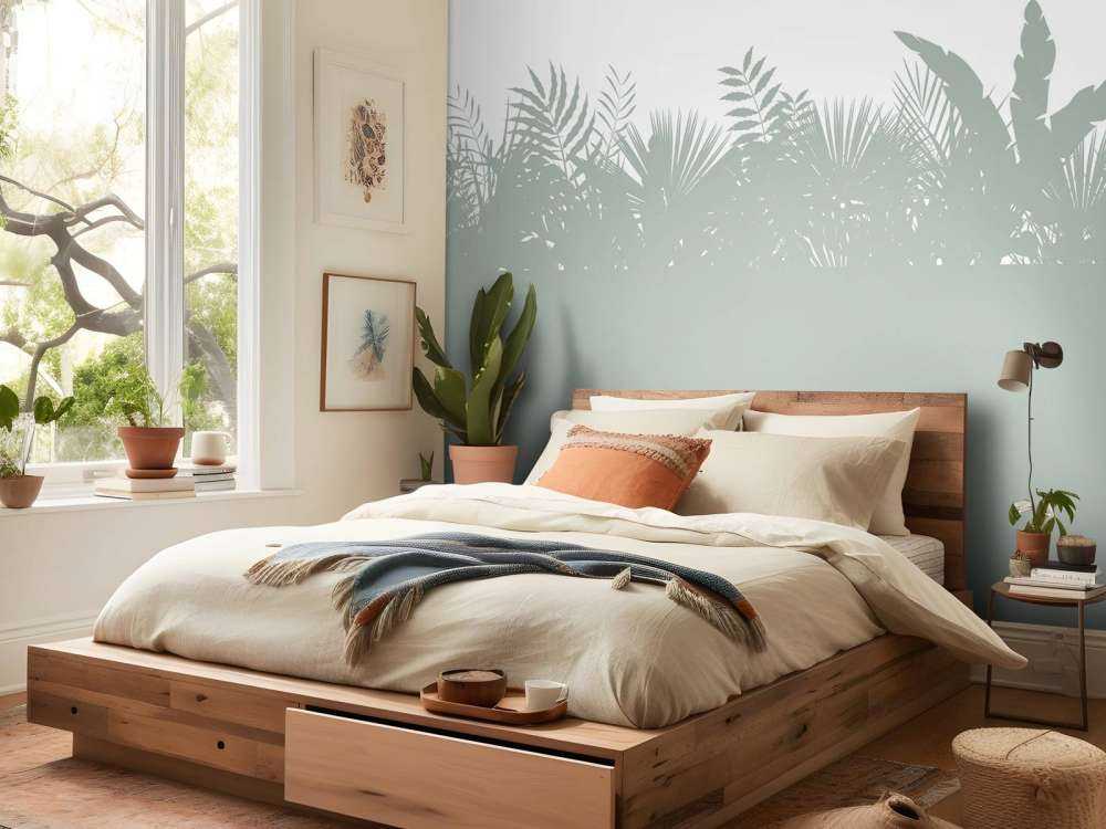 Silhouettes palm leaves, light green