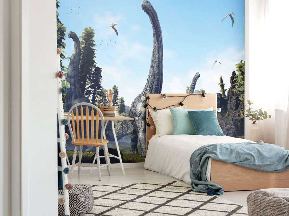 Alamosaurus group walking through a valley