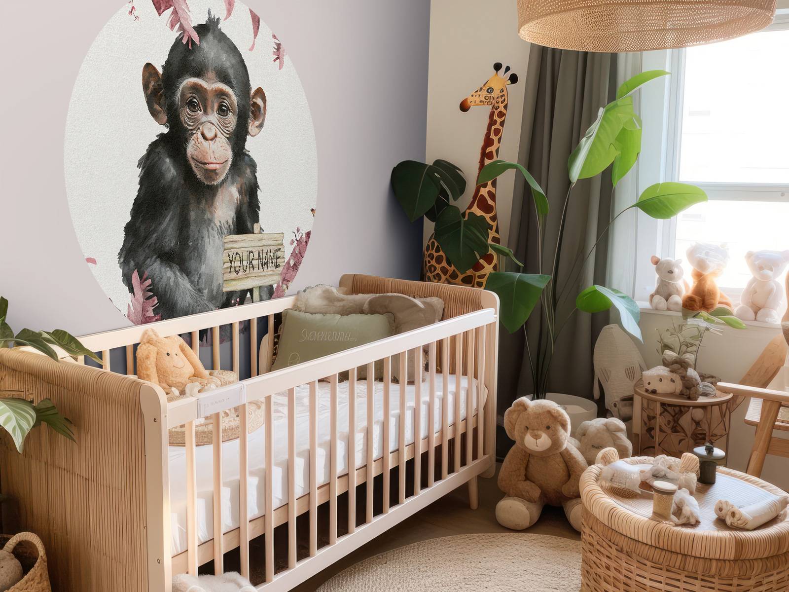 Baby chimpanzee in the jungle pink