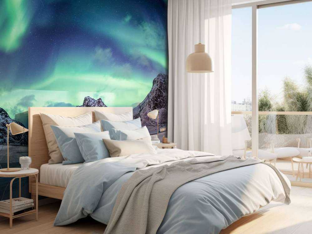 Northern lights above snowy mountains