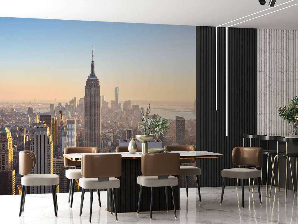 Skyline van New York bij zonsopkomst