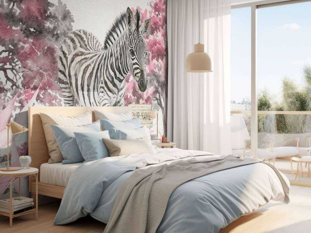 Young zebra in the wild pink