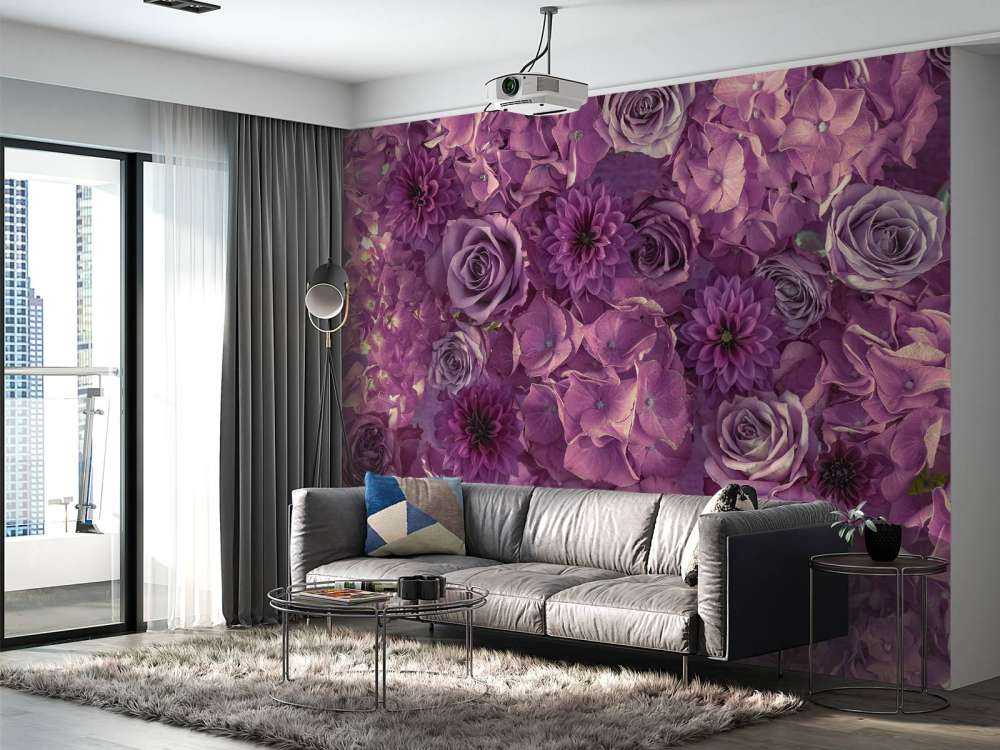 Purple hydrangeas, roses and dahlias