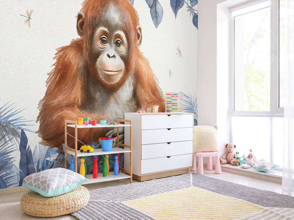 Young orangutan in the jungle blue