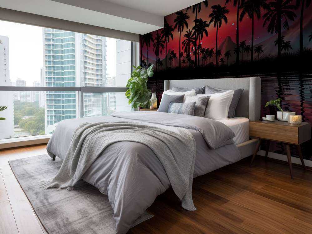 Palm trees in red sky