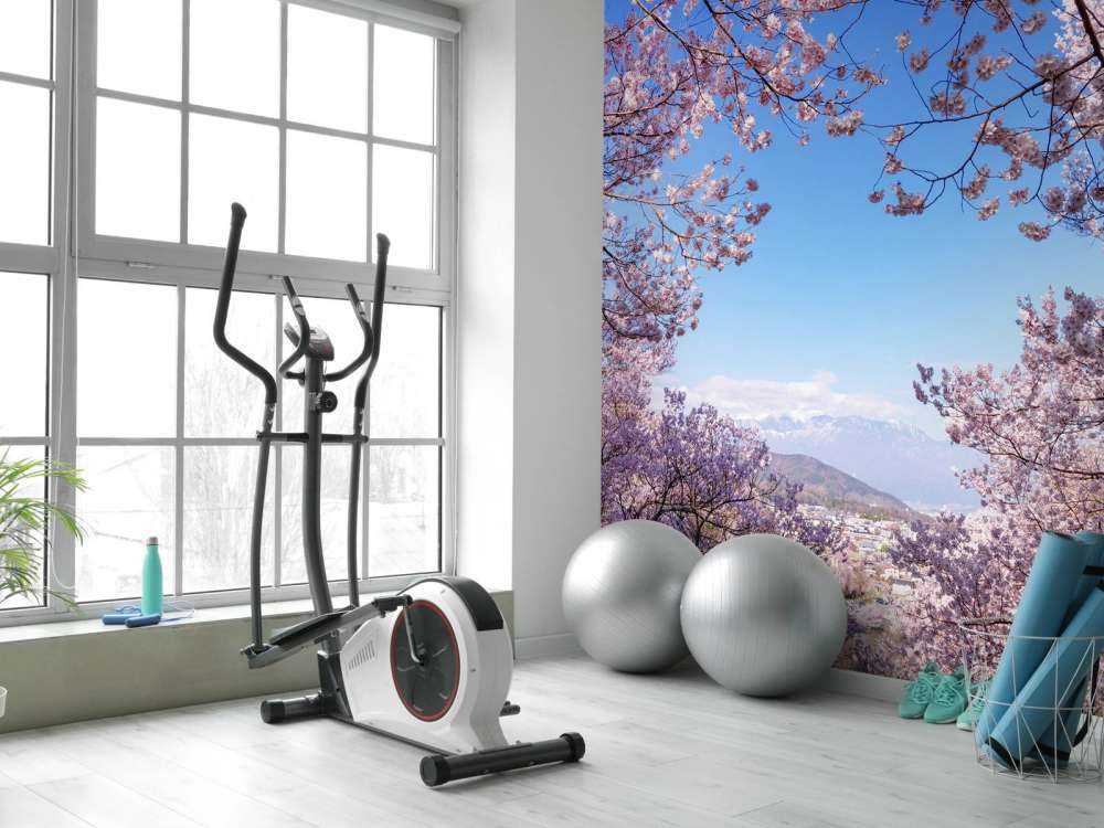 Pink blossoms with mountains