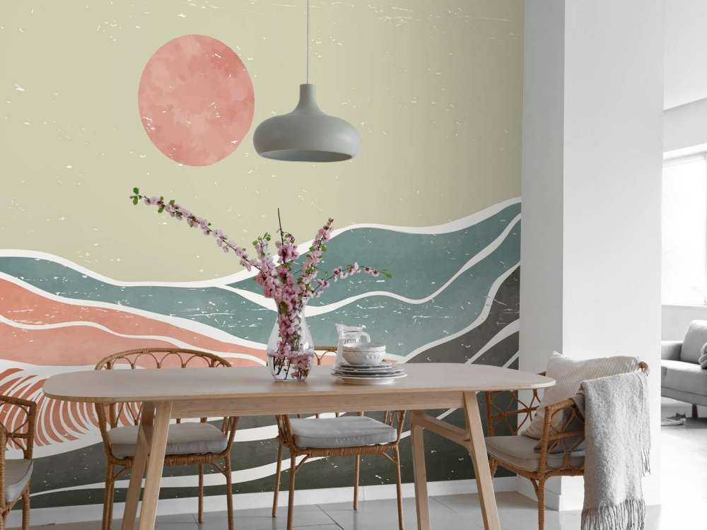 Colored ocean waves with a red moon