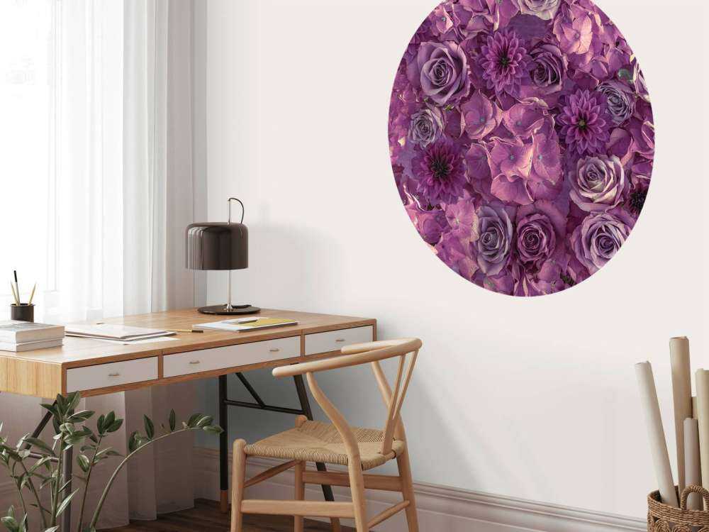 Purple hydrangeas, roses and dahlias