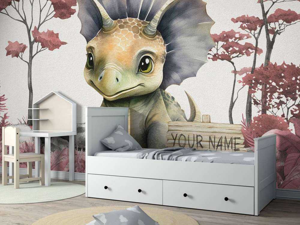 Baby triceratops in the pink jungle