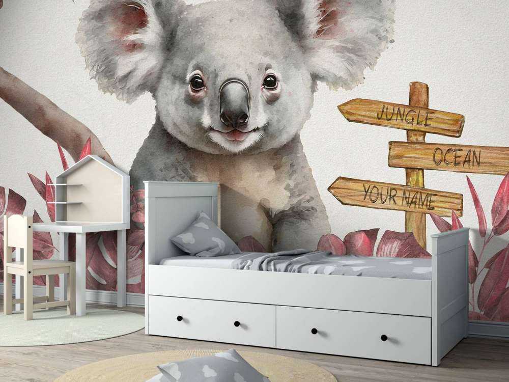 Baby koala in the jungle pink