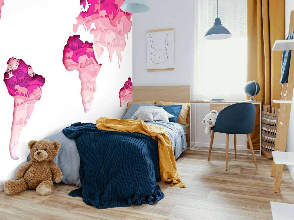 Dieren wereldkaart roze tinten