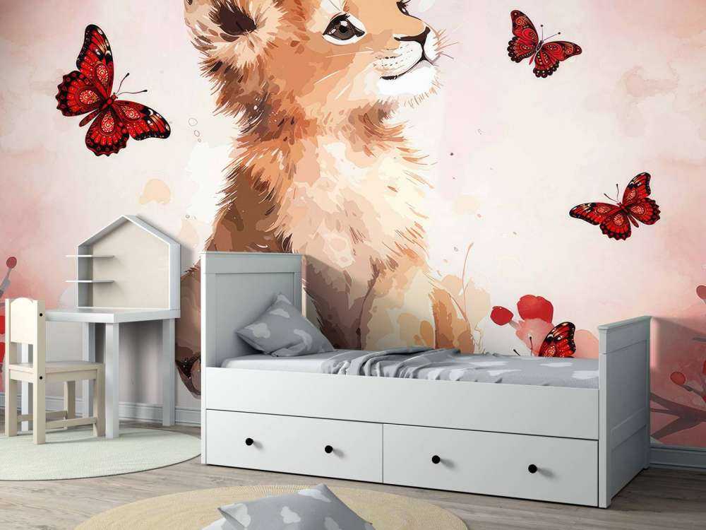 Dreamy lion cub and butterflies