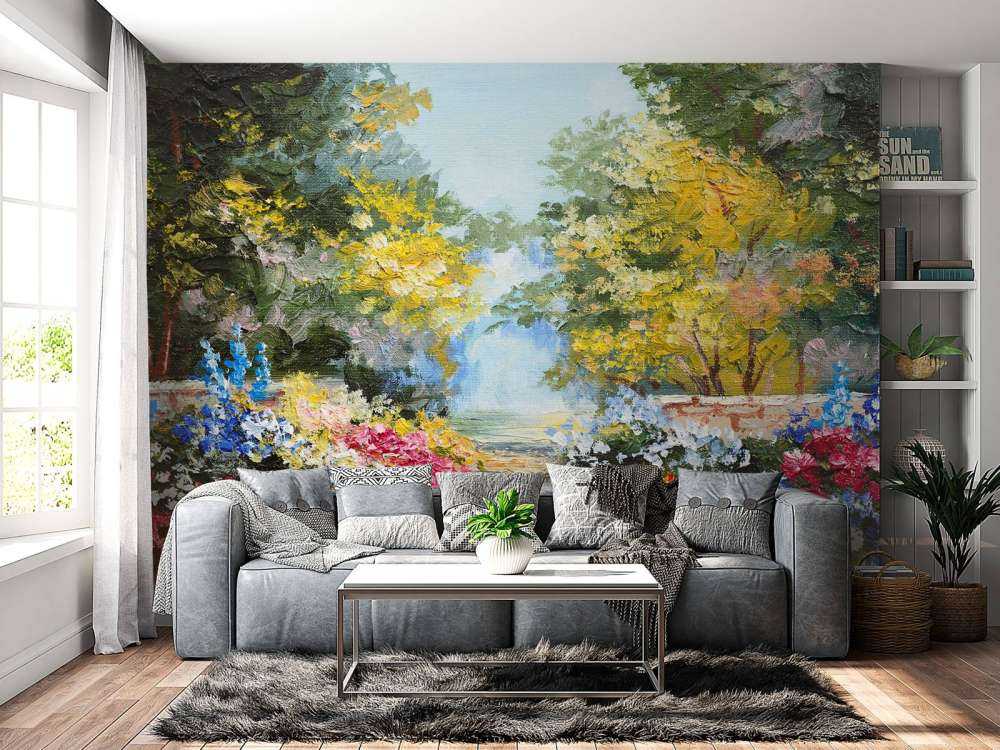 Olieverfschilderij van een parkje met bloemen