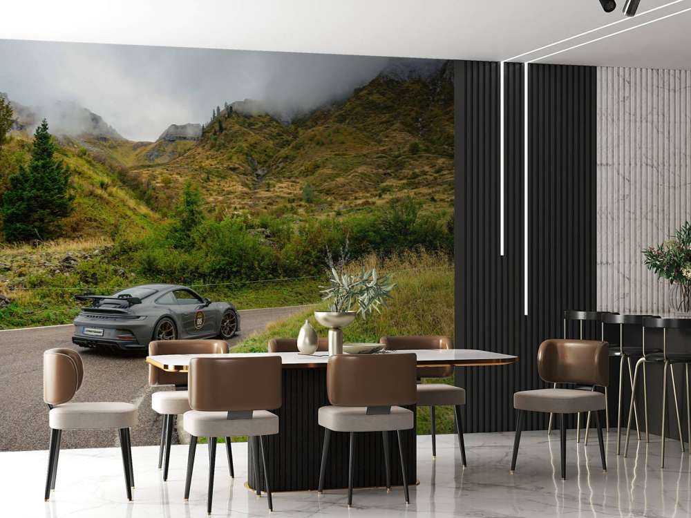 Sports car in mountain mist