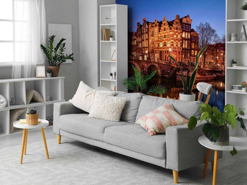 Illuminated houses along the canal