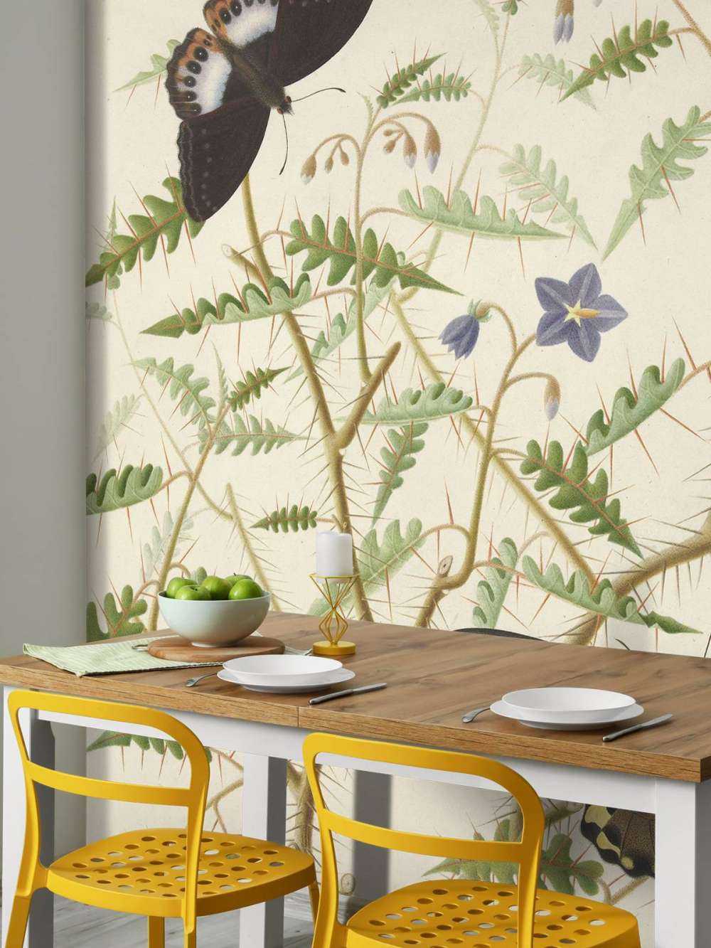 A blossoming shrub with two exotic butterflies