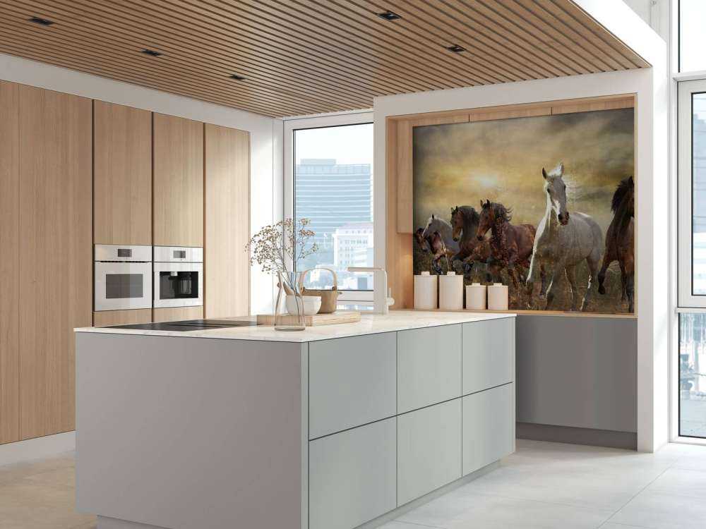 Galloping horses at sunset