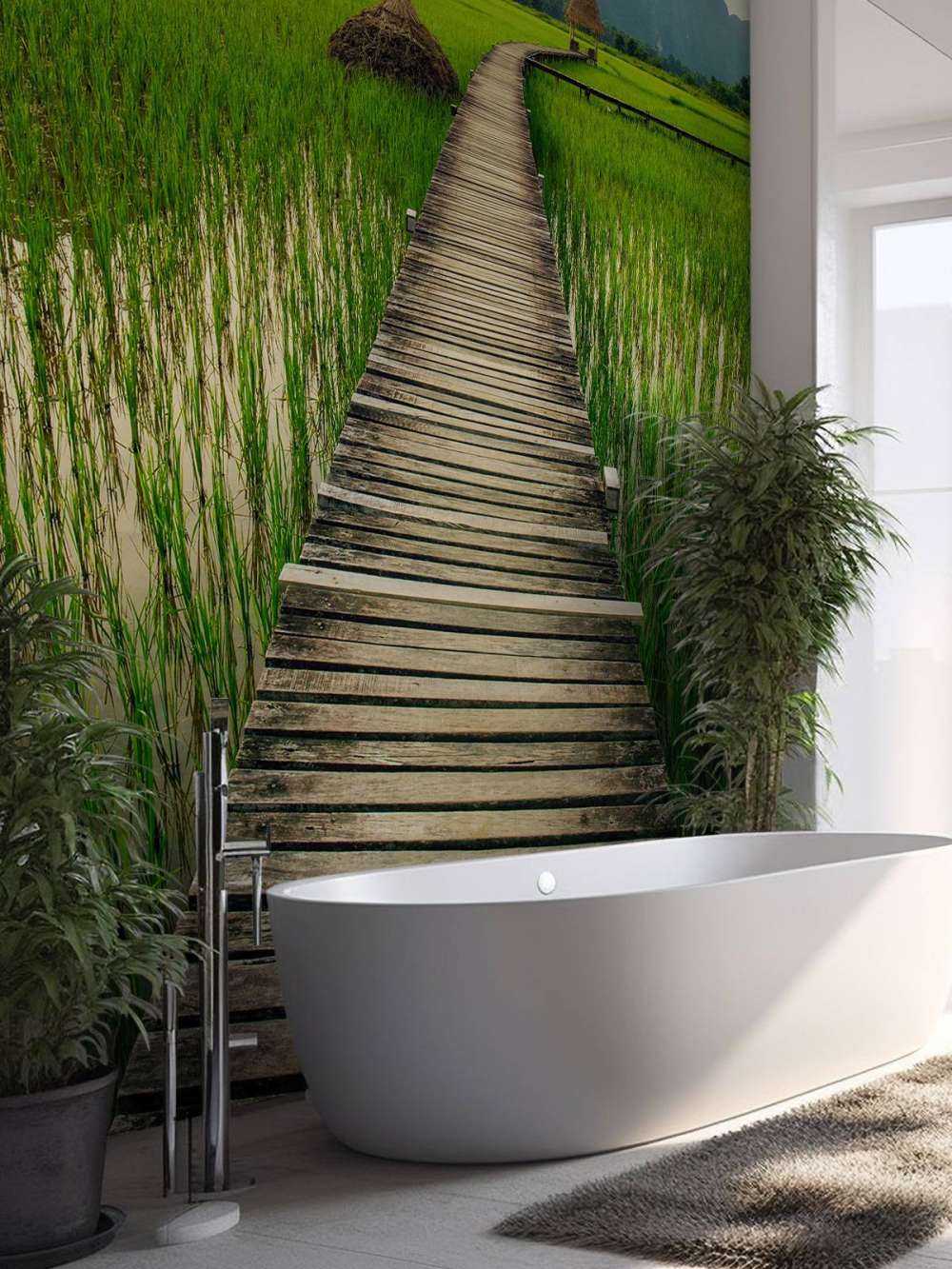 Wooden scaffolding through a rice field