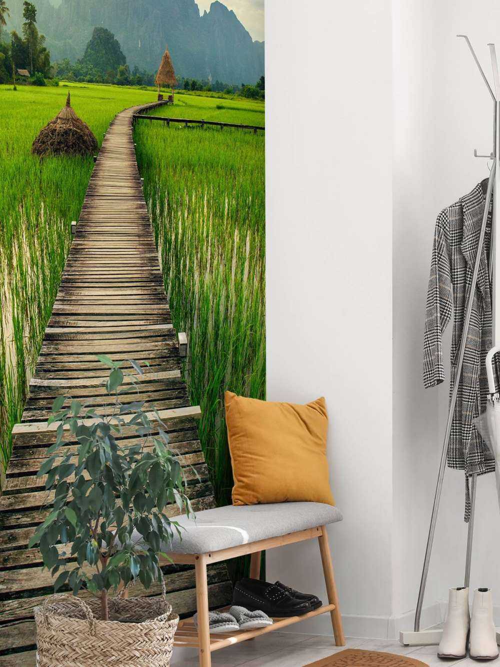 Wooden scaffolding through a rice field