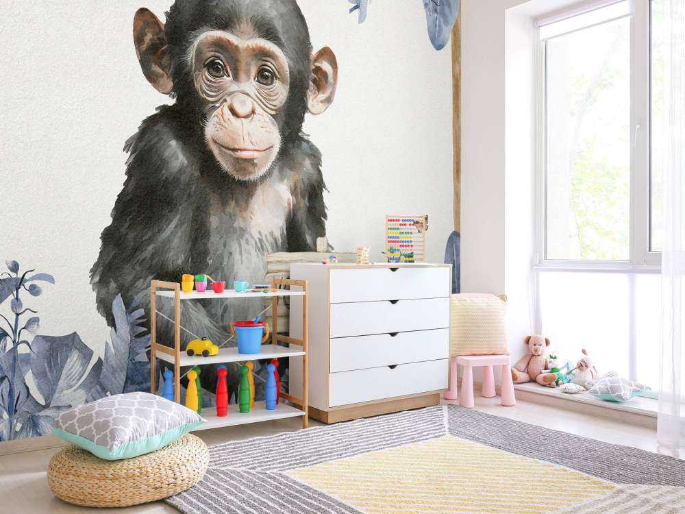 Baby chimp in the jungle blue