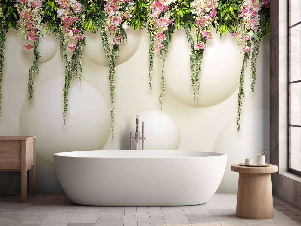 Hanging pink flowers on 3D wall