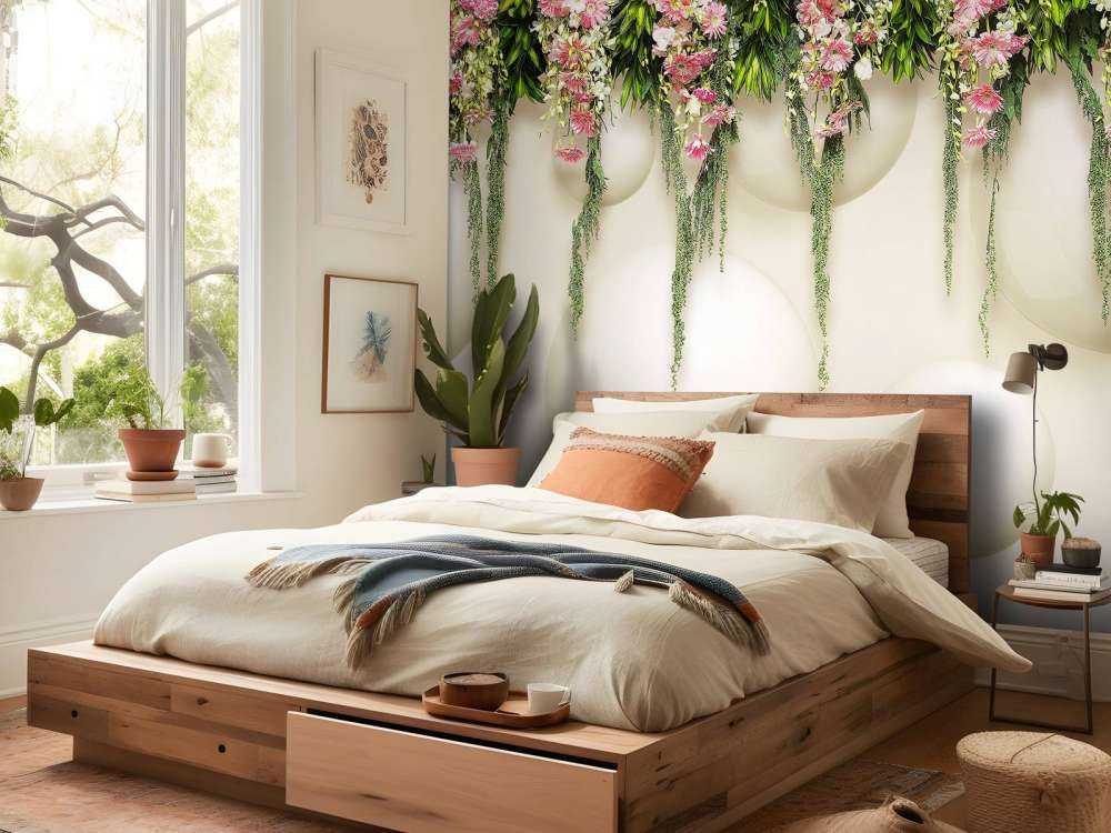 Hanging pink flowers on 3D wall