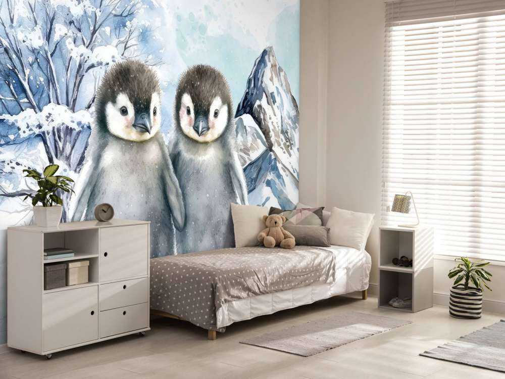 Cute penguins in winter landscape
