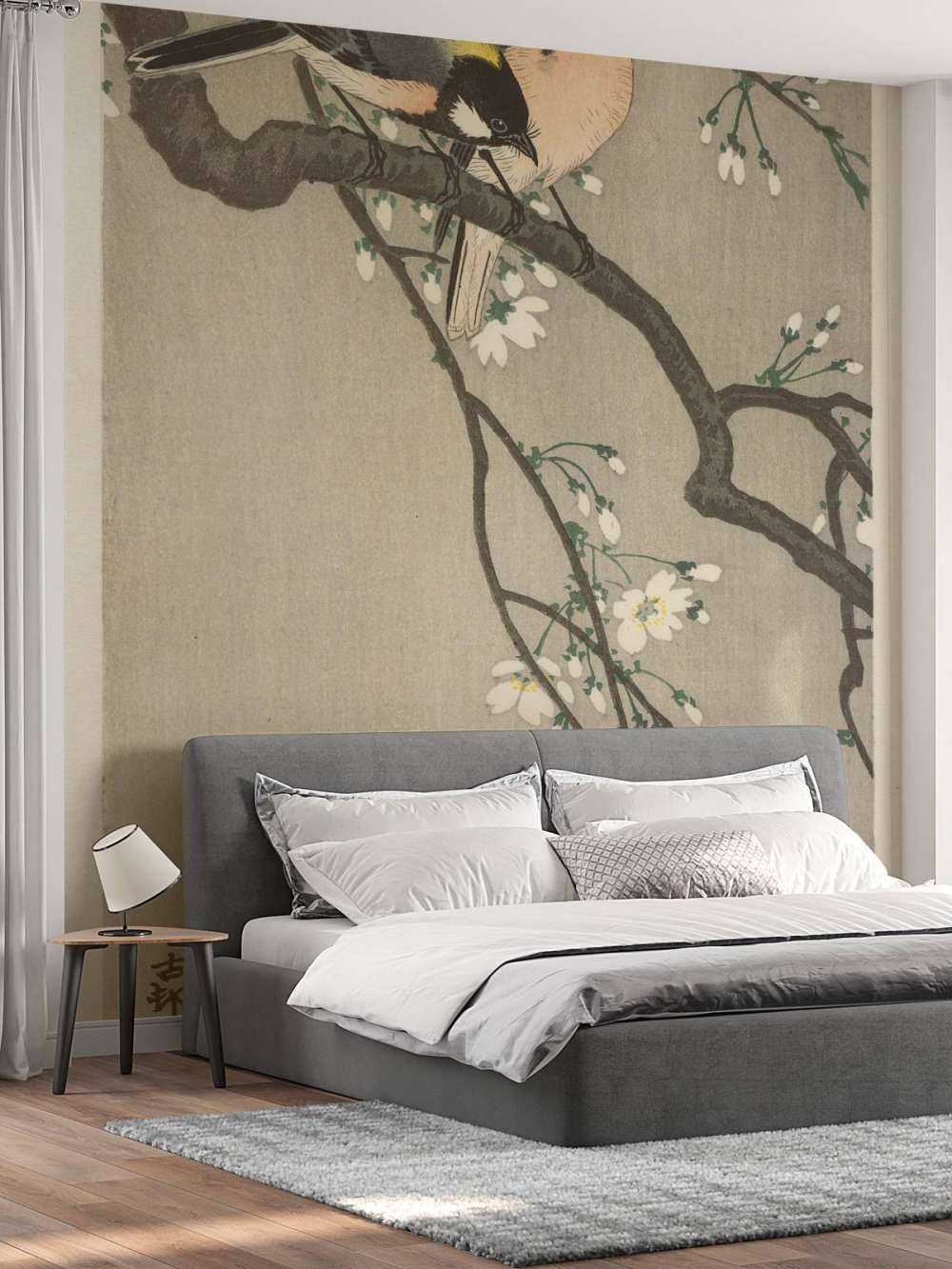 Great tits on blossom branch