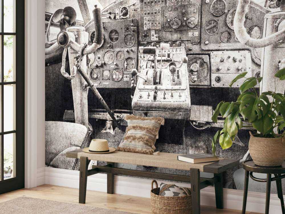 Aeroplane cockpit in sepia