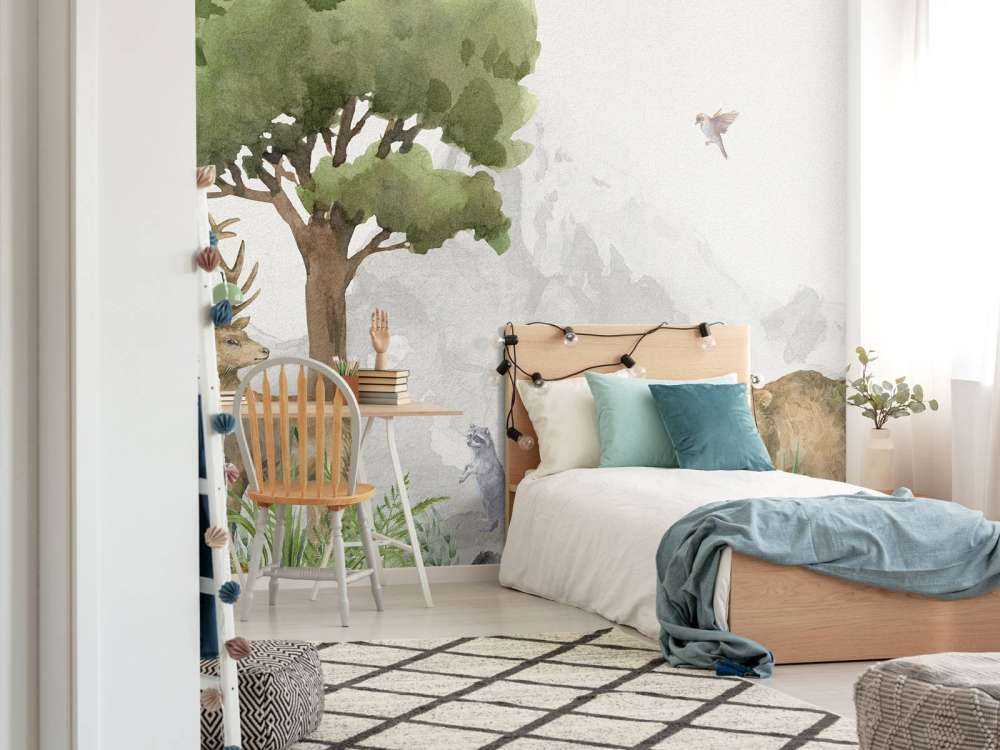 Forest animals near a mountain