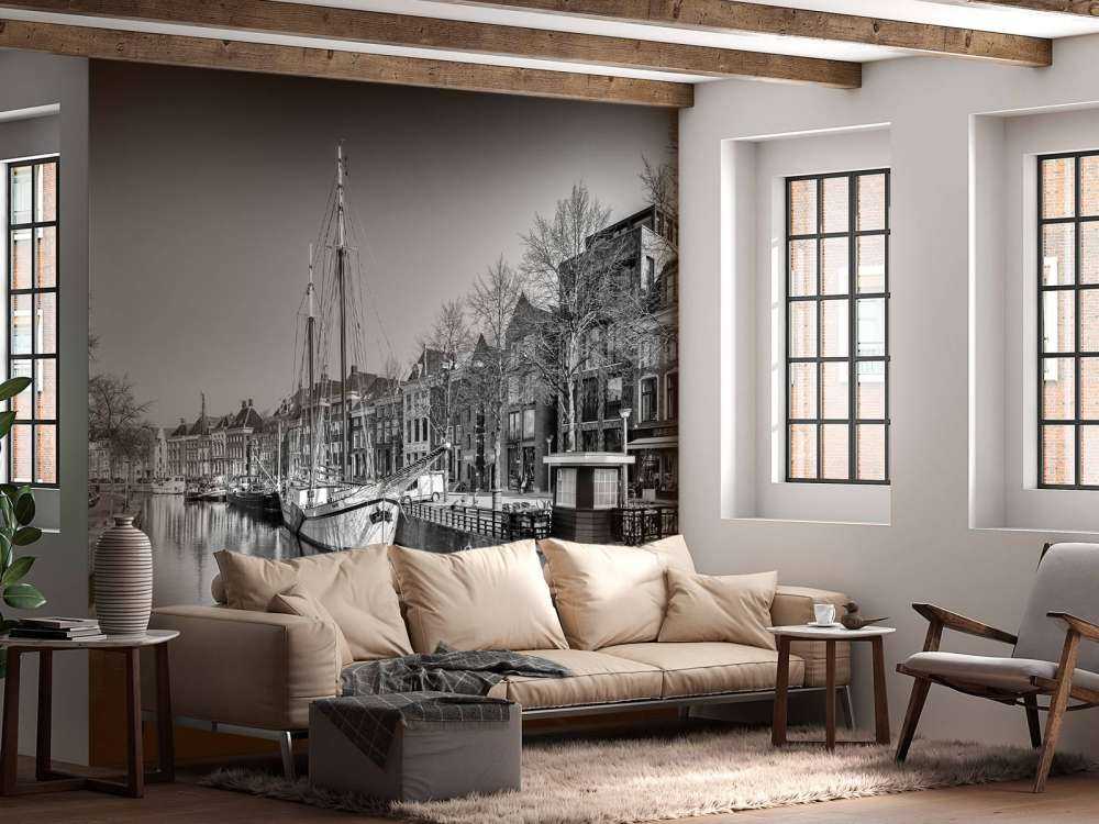 Historical ship located in the river A in Groningen In black and white 