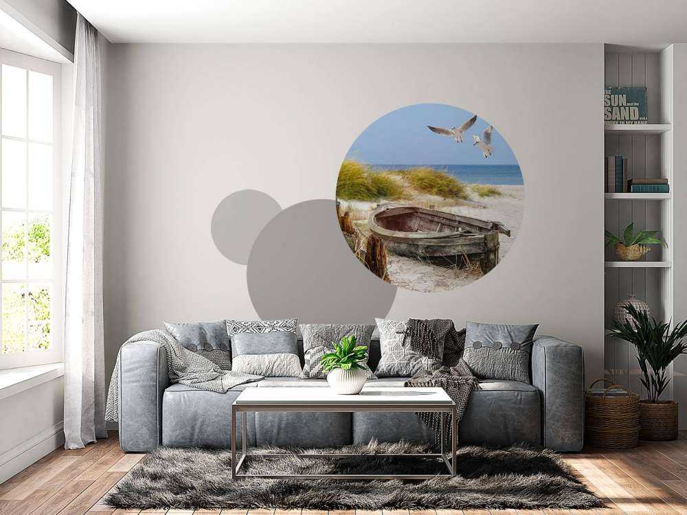 Old fishing boat, seagulls, beach and sea