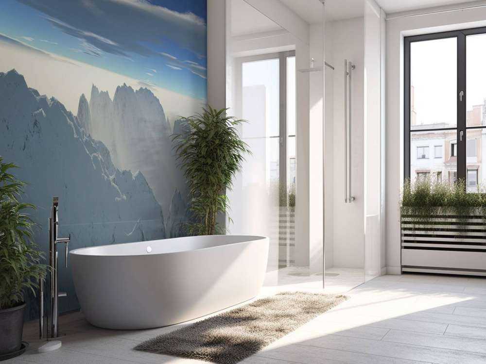 Snowy mountain peaks panorama