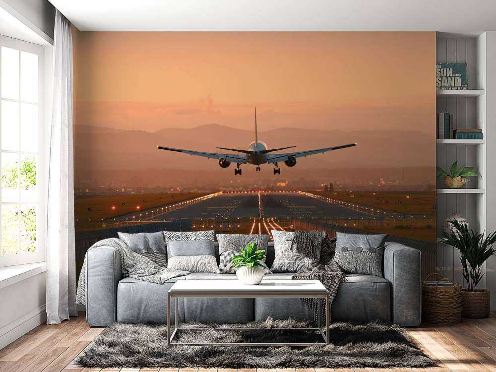 Landing plane in the evening sun