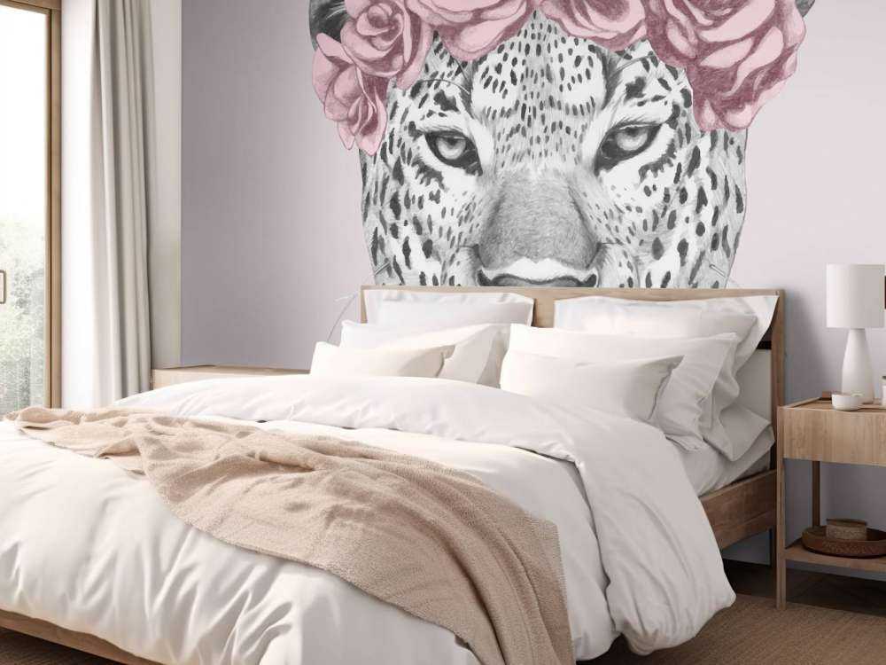 Leopard with pink flowers