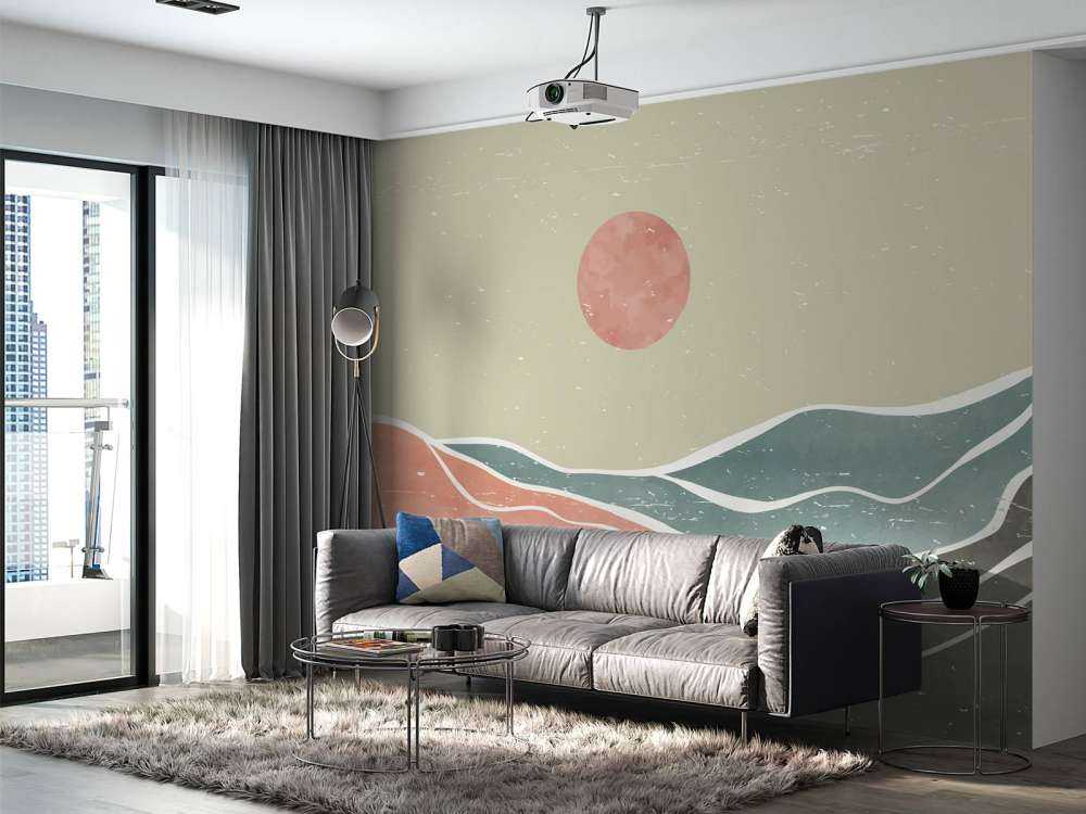 Colored ocean waves with a red moon