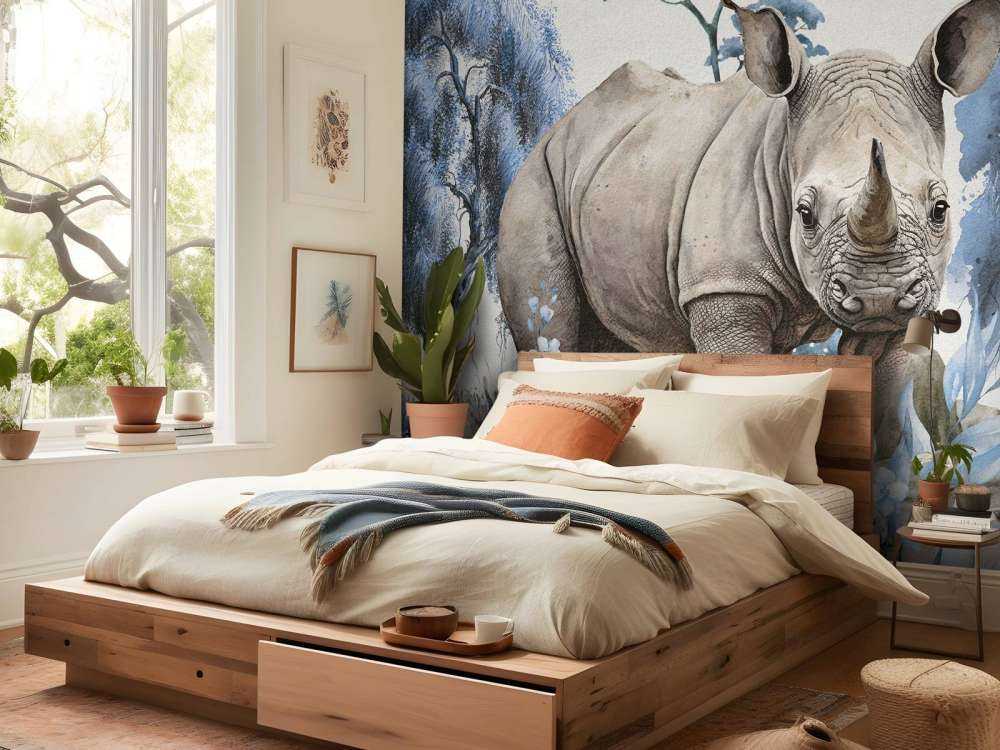 Baby rhino on the savannah blue