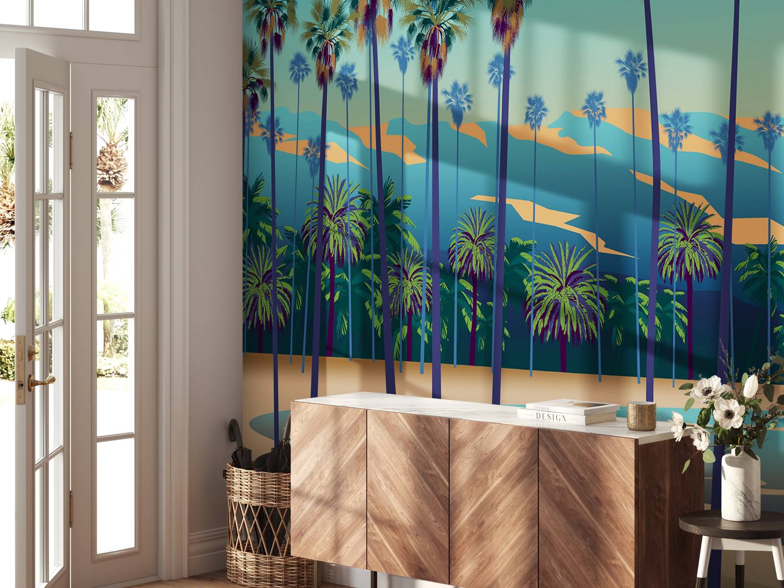 Drawn lake with palm trees