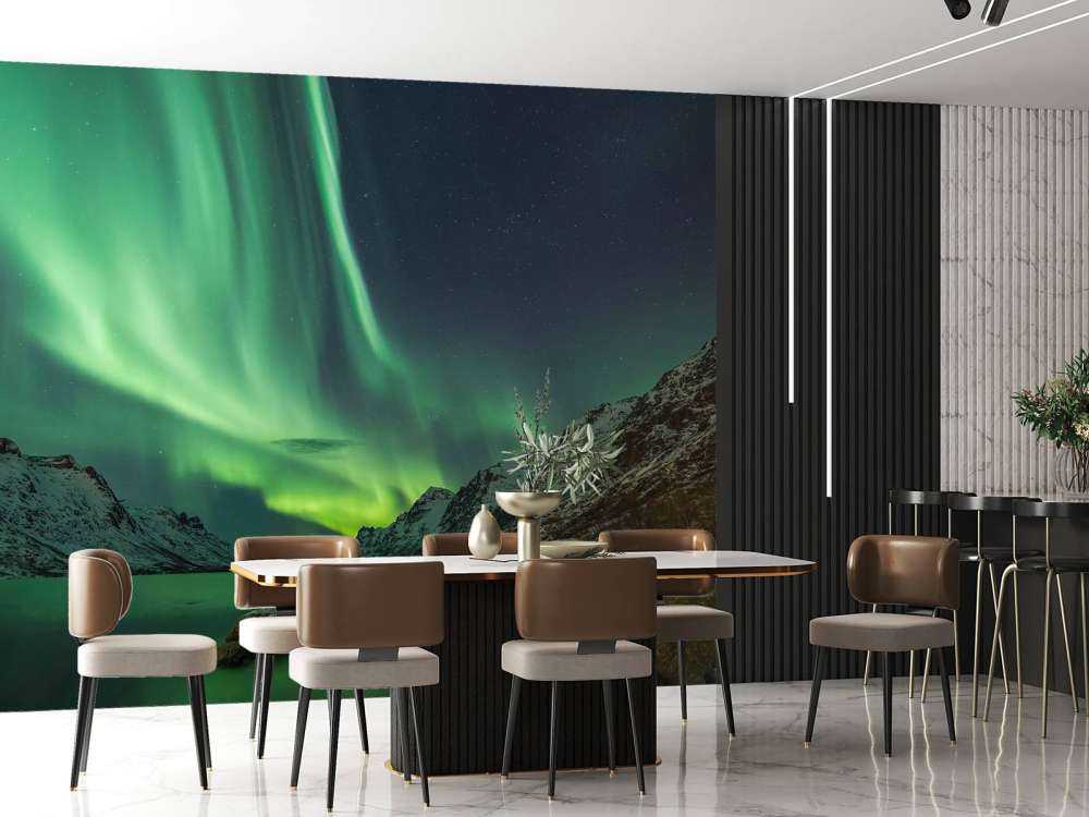 Northern lights between two fjords