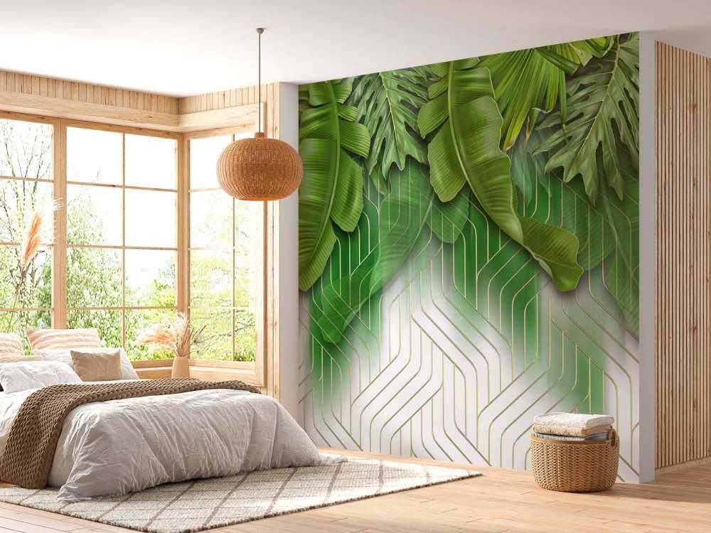 Golden lines effect with green leaves