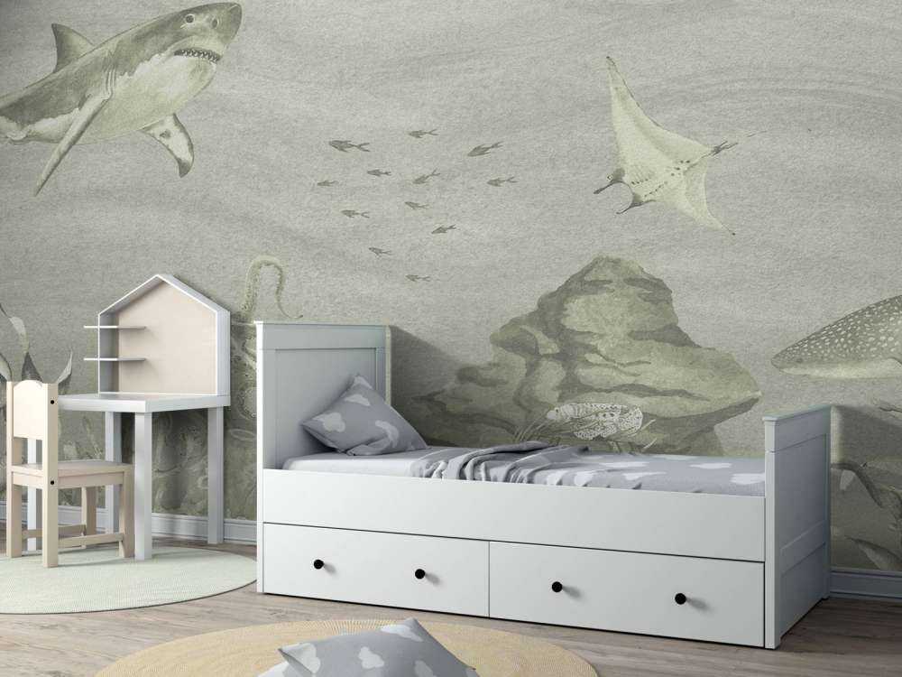 Underwater world with sharks in green