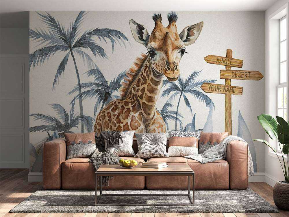 Baby giraffe in the jungle blue
