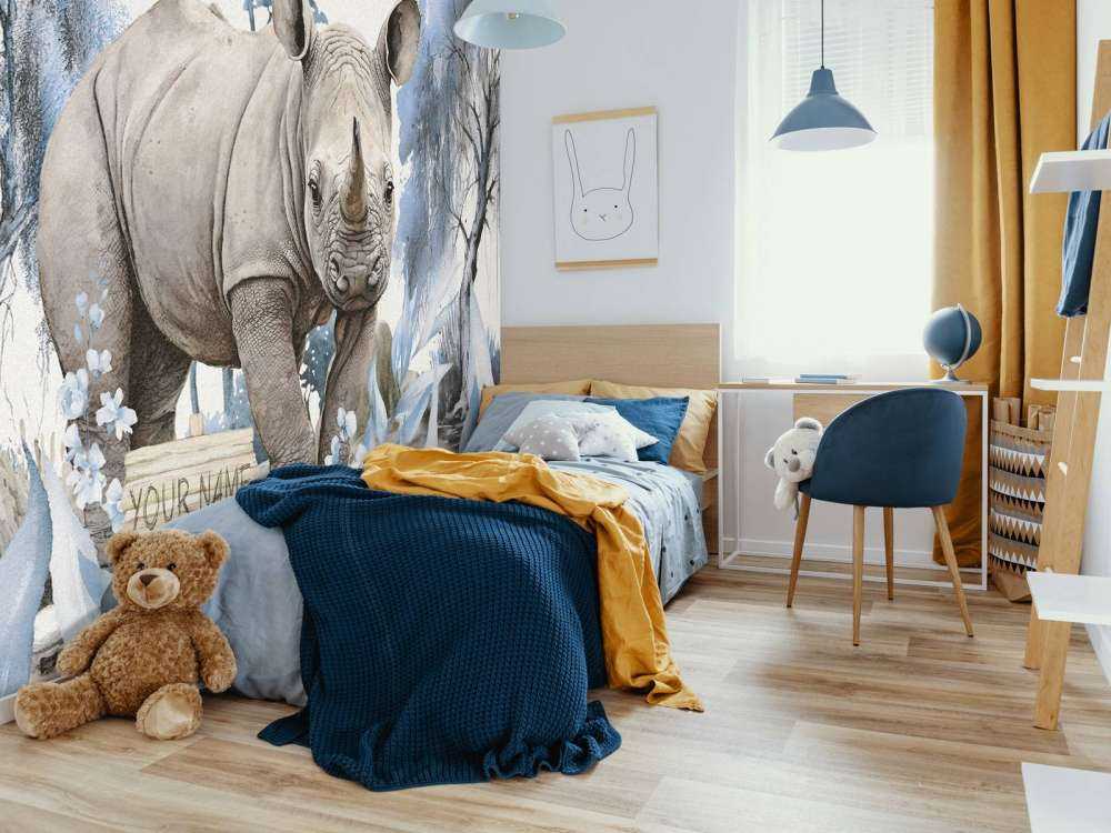 Baby rhino on the savannah blue